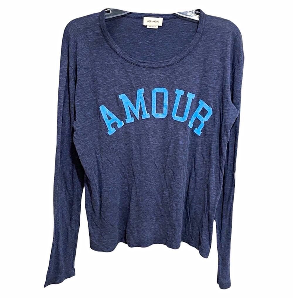 Zadig & Voltaire Womens Willy Amour Top Tee Size Medium Blue Love Long Sleeve